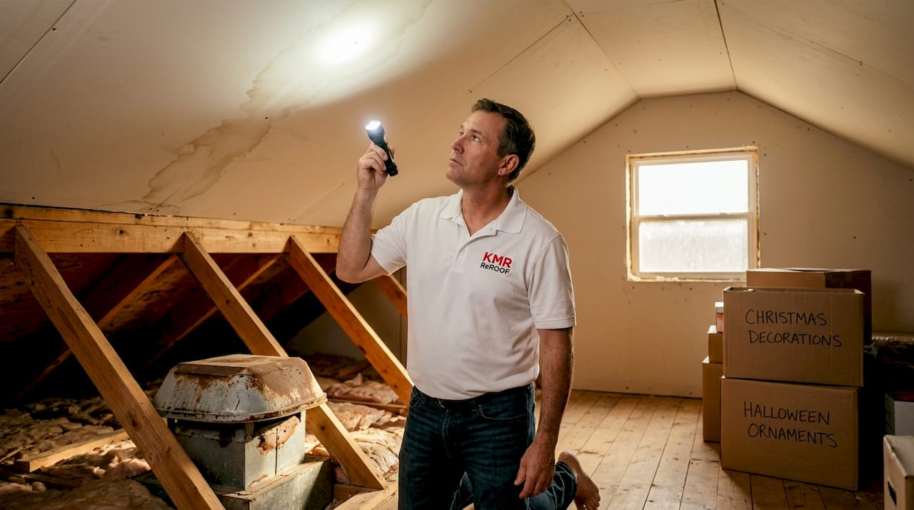 Homeowner inspecting ceiling for water stains