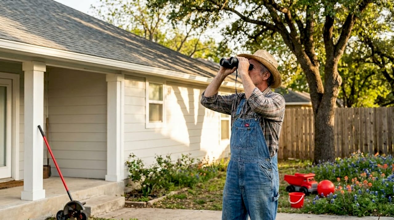 Homeowner inspecting Texas shingle roof