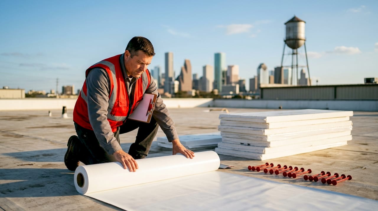 Contractor installing TPO membrane on Texas roof