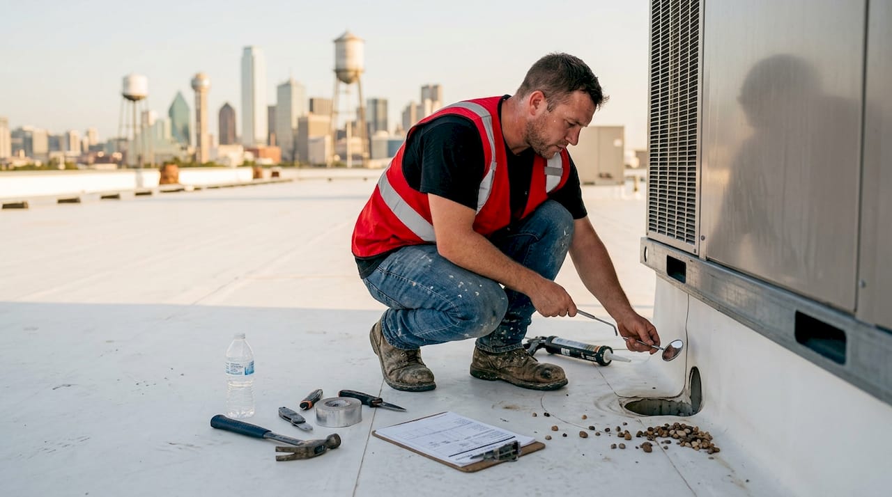 Technician inspecting Texas flat roof drainage