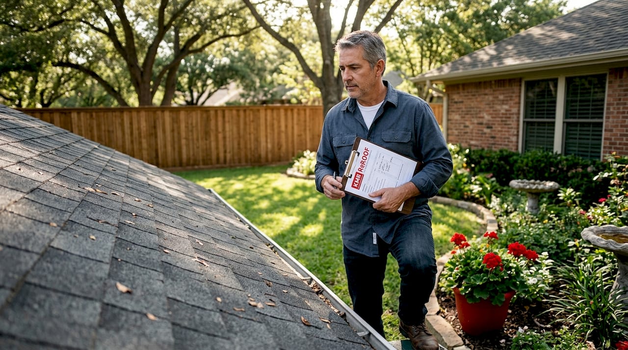 Homeowner inspecting roof in Texas morning