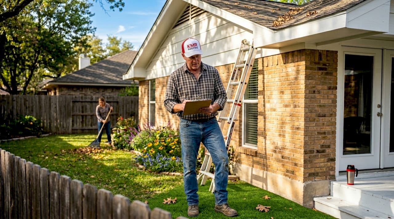 Homeowner reviewing Texas roof for impact damage