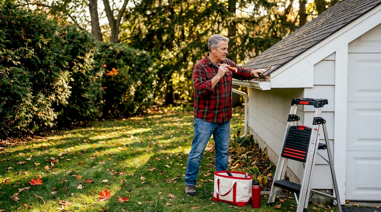 Homeowner inspecting shingles on garage roof