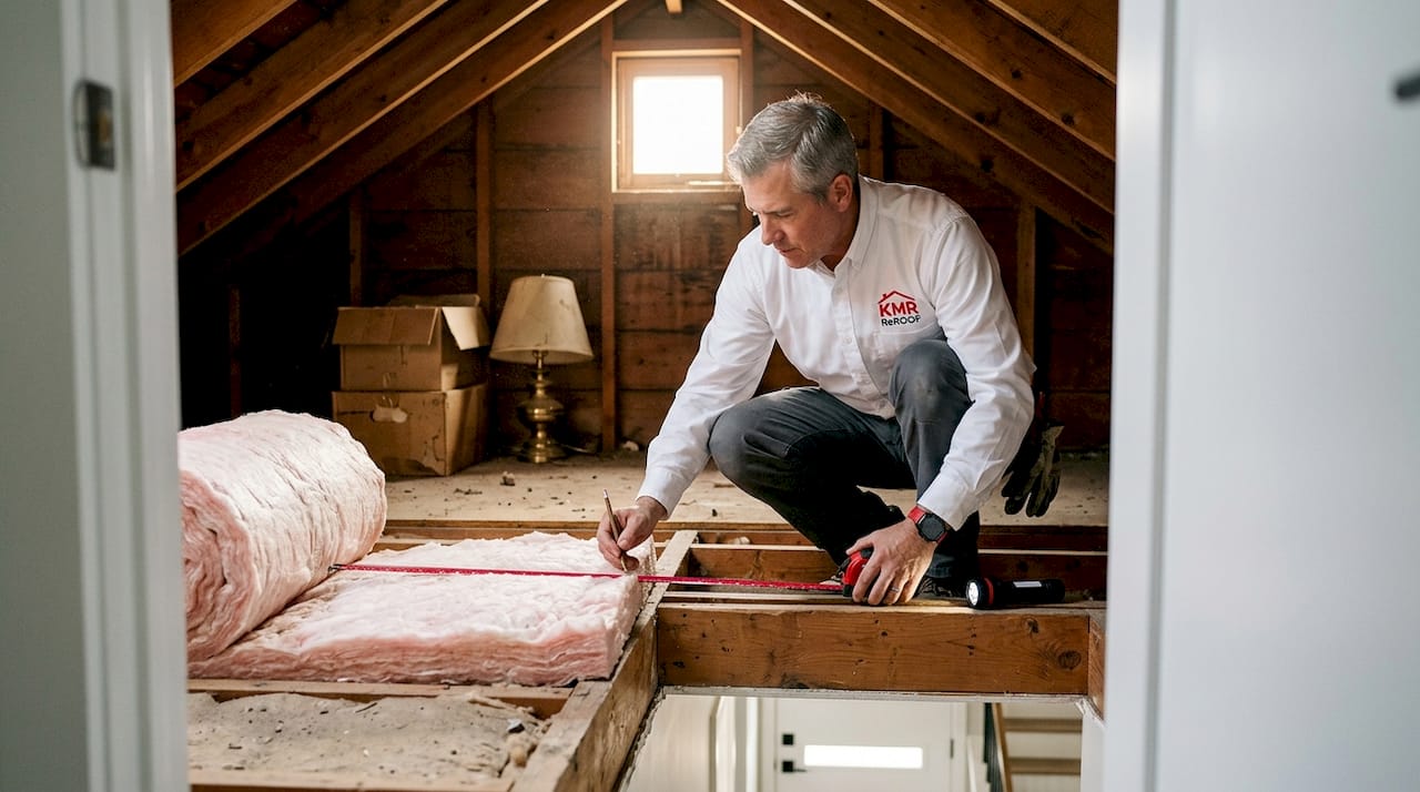 Homeowner inspecting roof insulation in attic