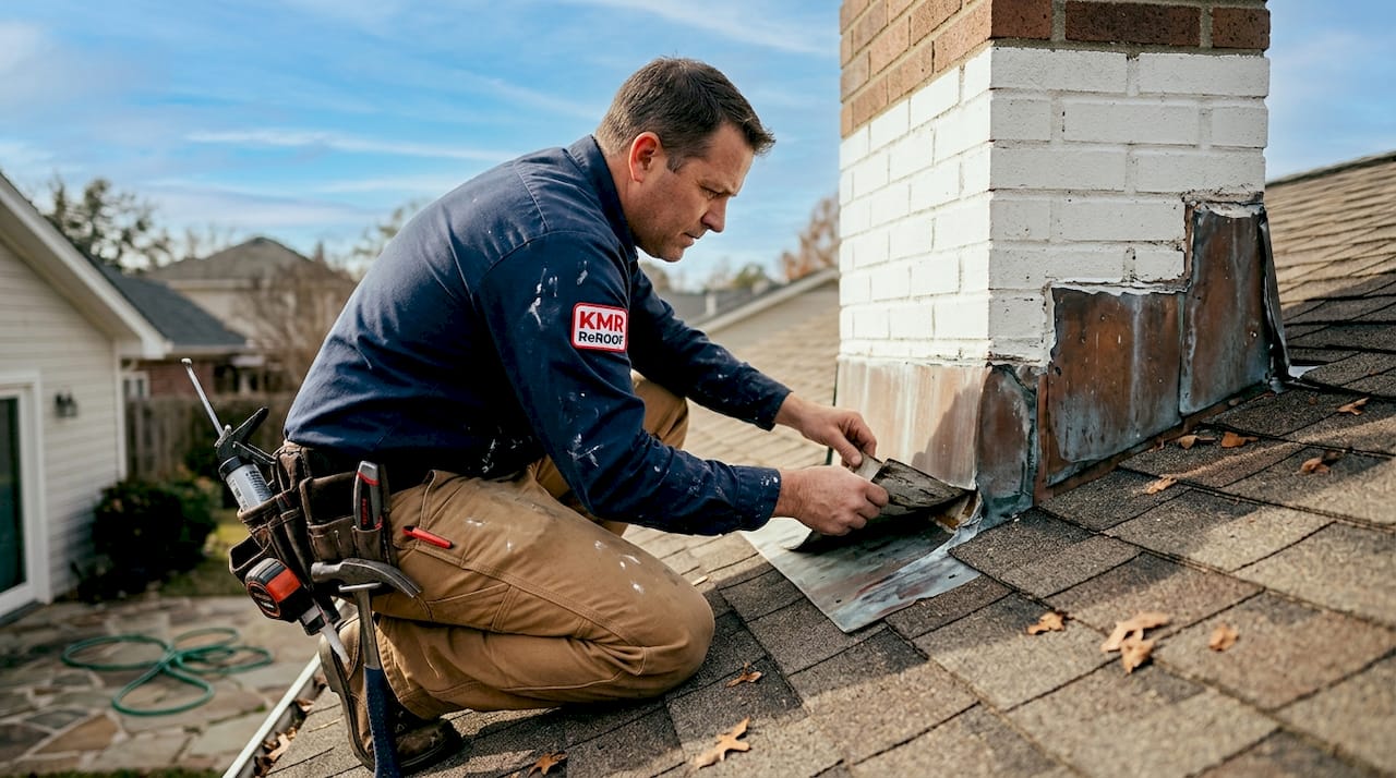 Contractor inspecting flashing on residential roof