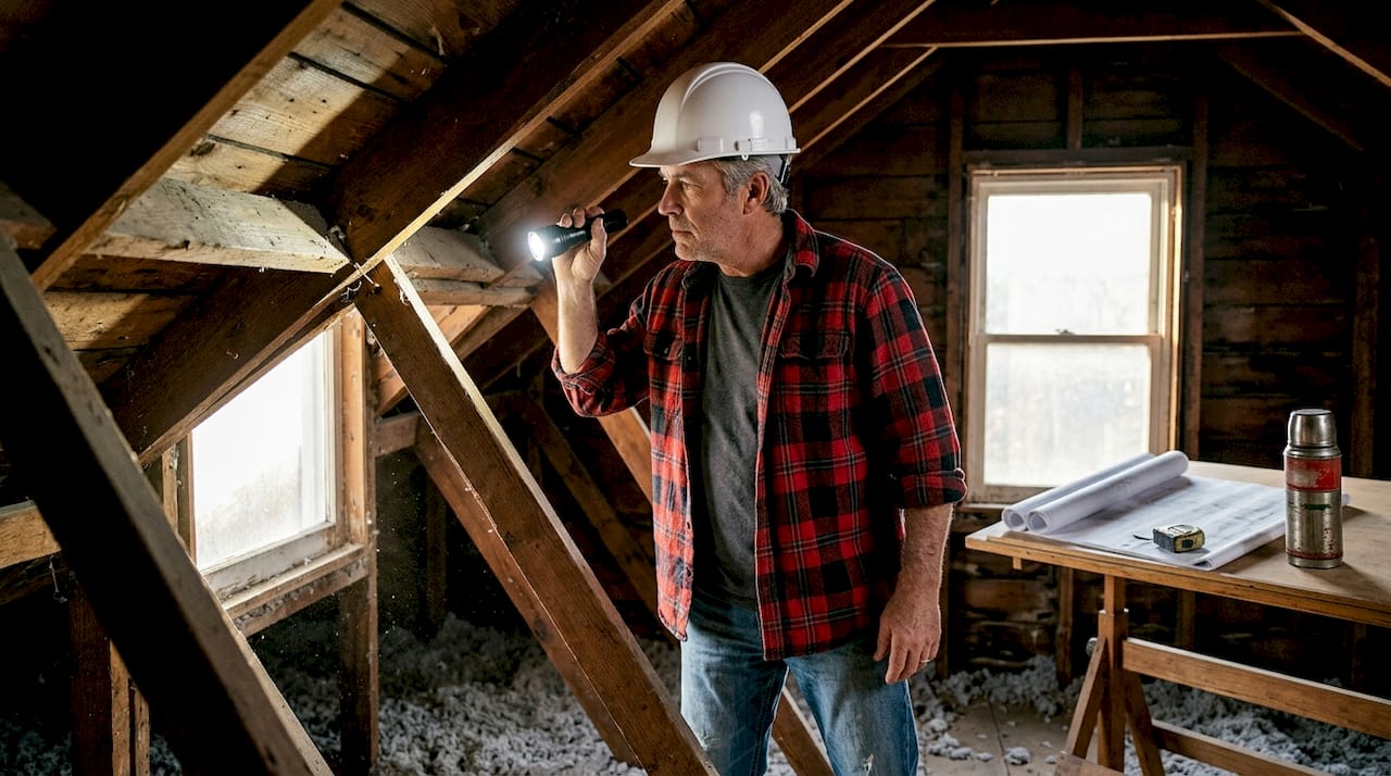 Roofing contractor inspects attic structure