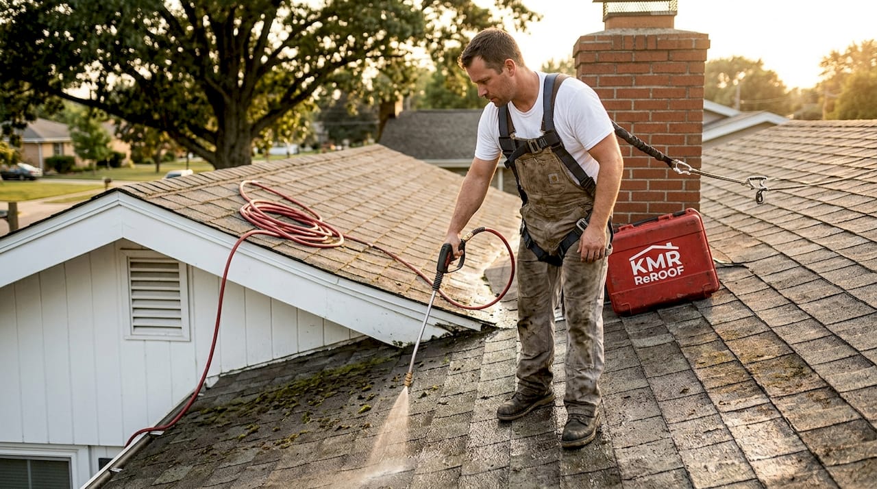Technician cleaning roof moss and algae