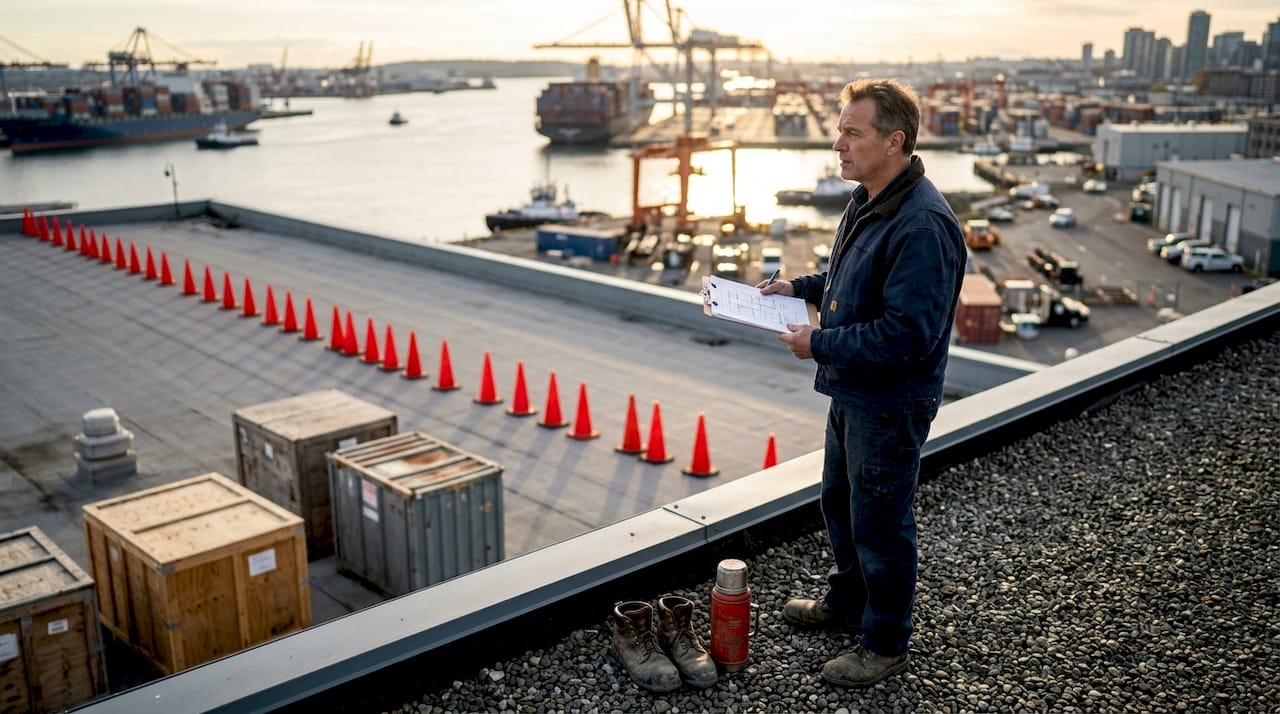 Inspector reviewing paperwork on industrial roof