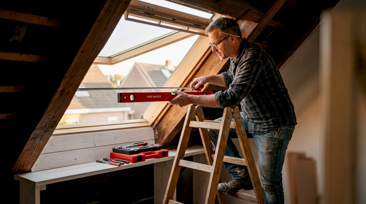 Homeowner measuring roof pitch in attic