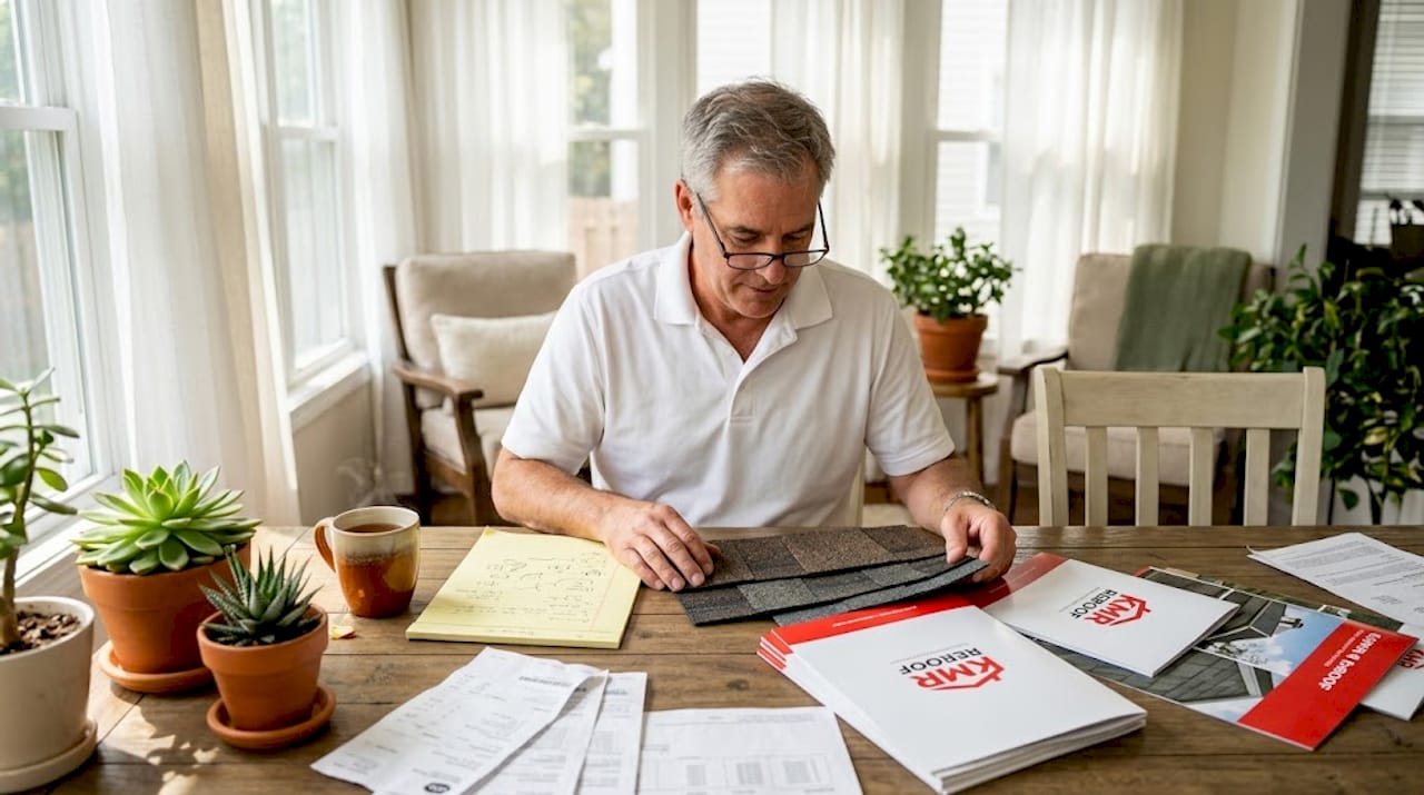 Homeowner studying roof shingle samples