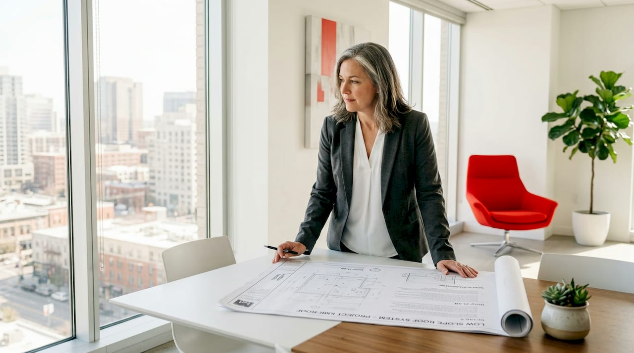 Property manager reviews blueprints for roofing