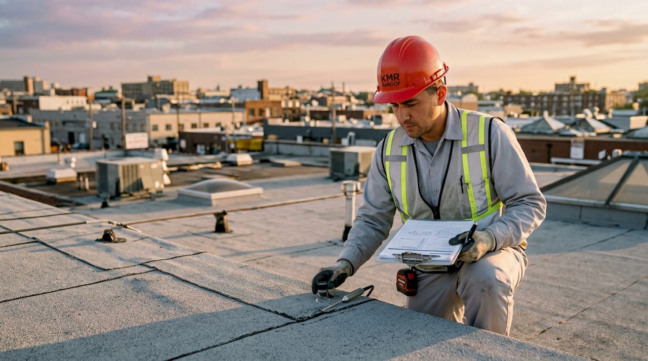 Inspector checking flat single-ply roof membrane