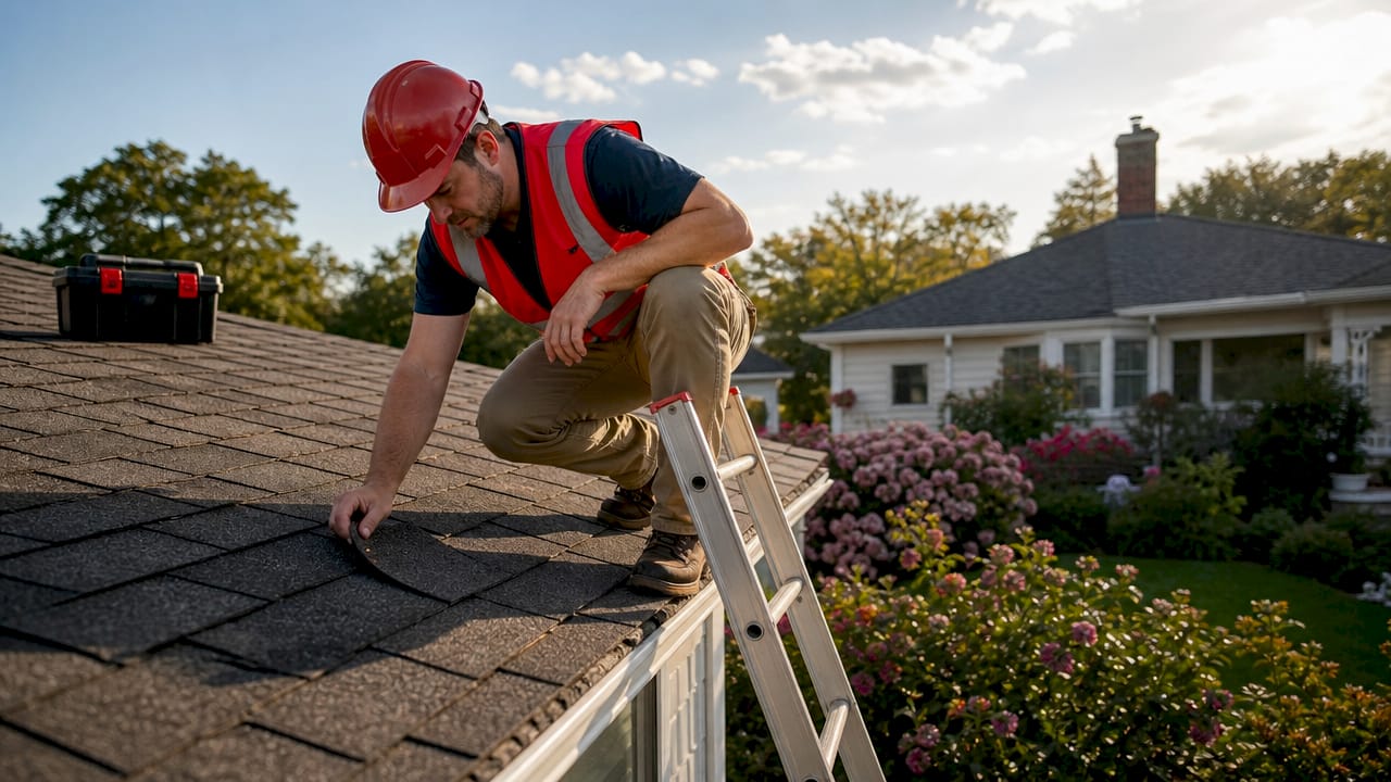Roof inspector examining shingles on house roof