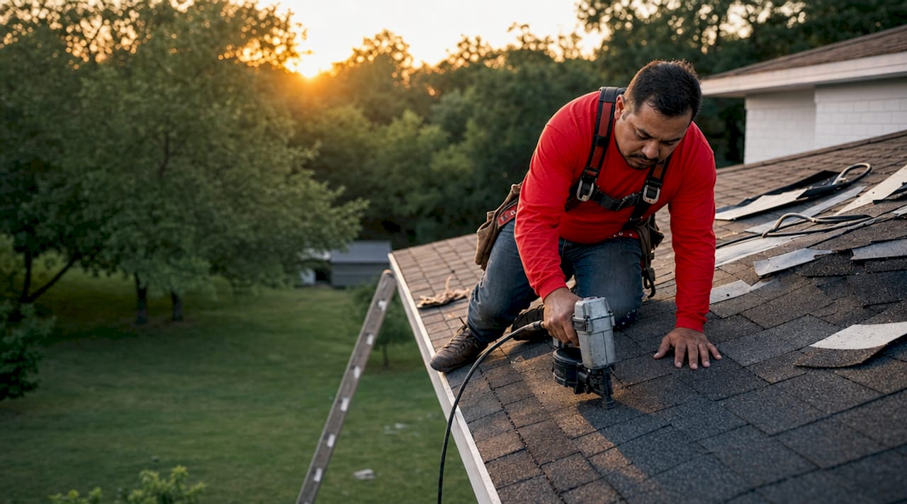 Roofer installing storm-resistant shingles on Texas home