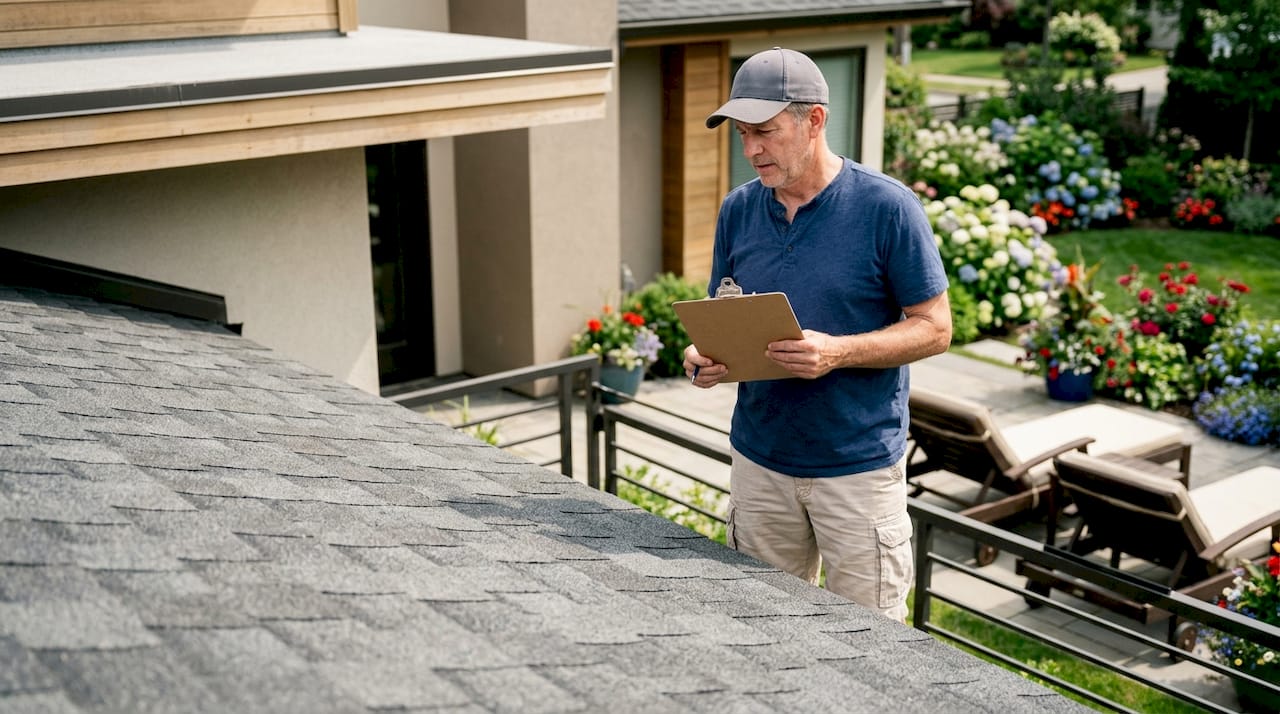 Homeowner inspecting hail-resistant asphalt shingles on roof