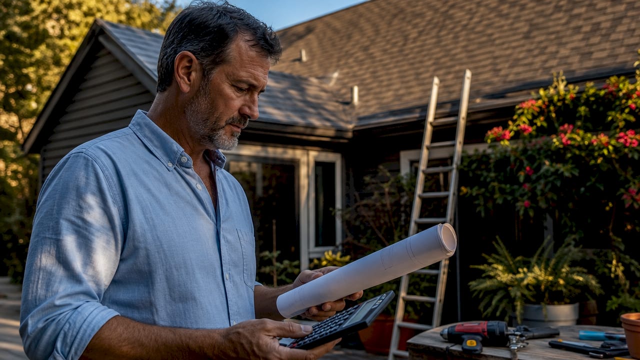 Homeowner reviewing roof measurement plans outdoors