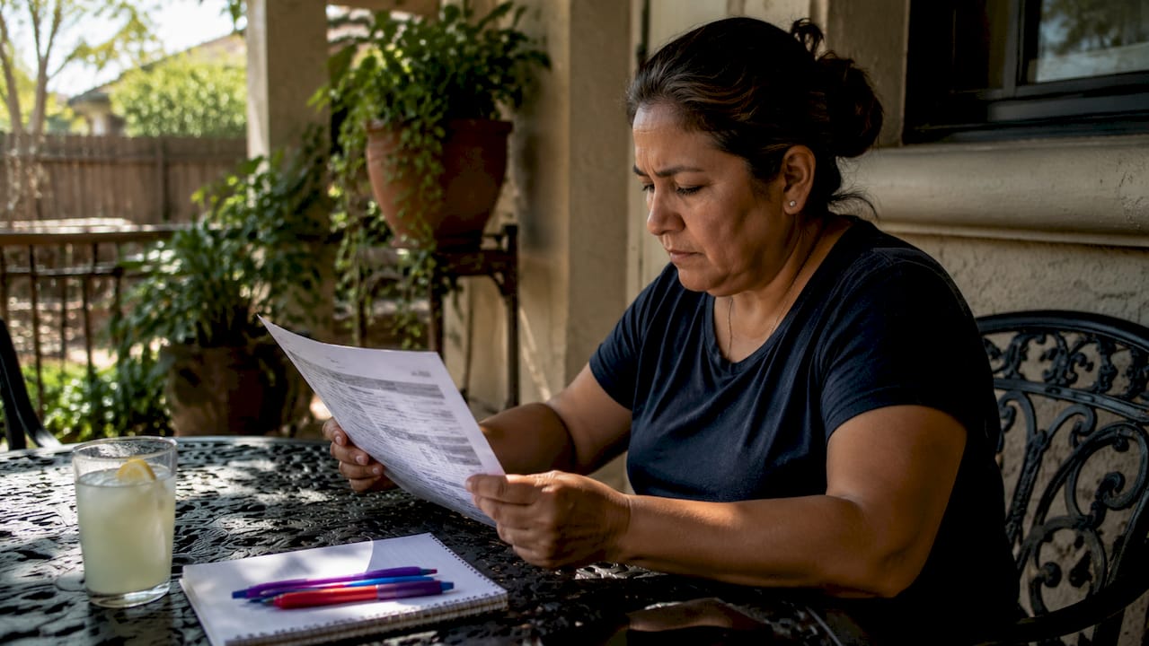Texas homeowner reviewing roofing estimate papers
