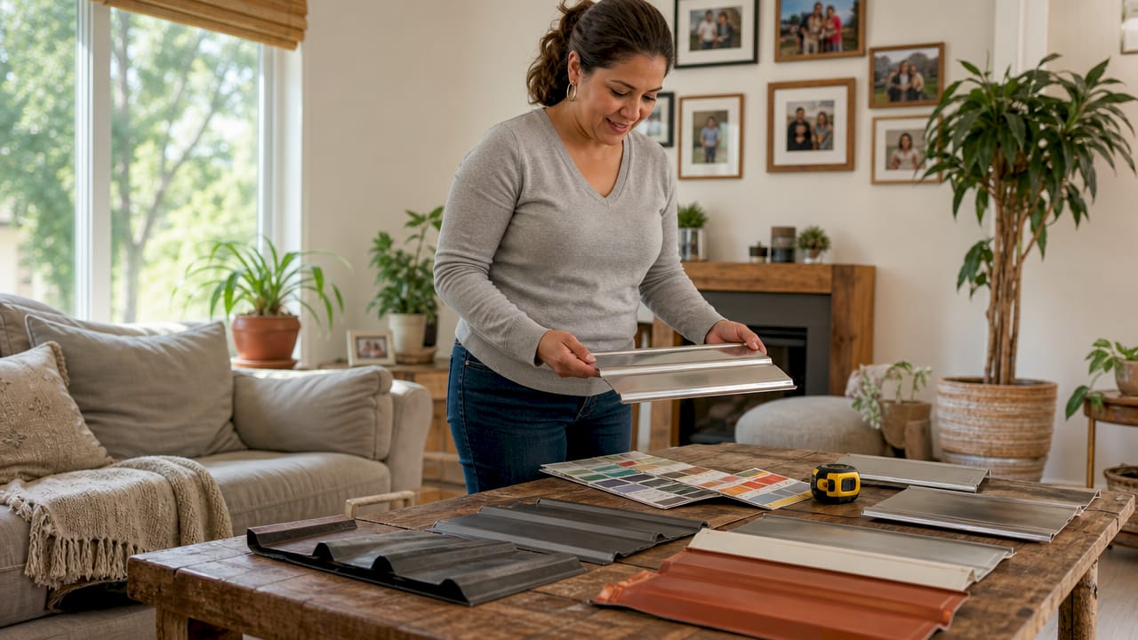 Homeowner examining roofing samples in kitchen