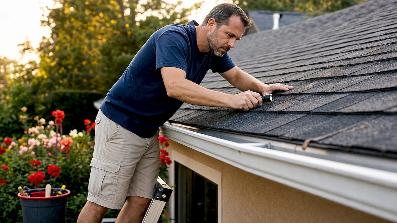 Man inspecting roof shingles from ladder outdoors