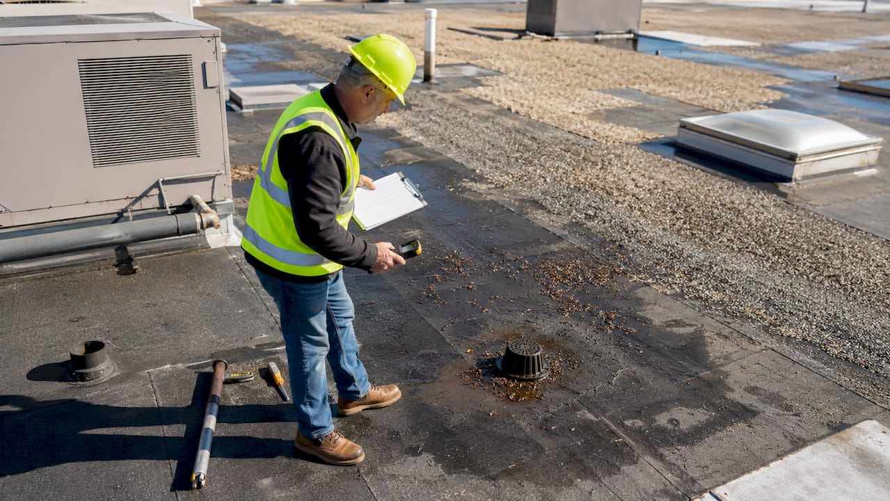 Property manager inspecting commercial roof drain