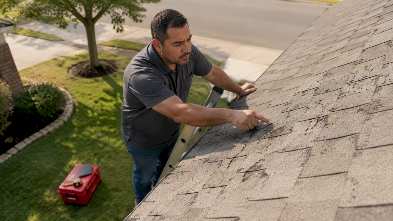 Man inspecting hail damage on asphalt shingle roof