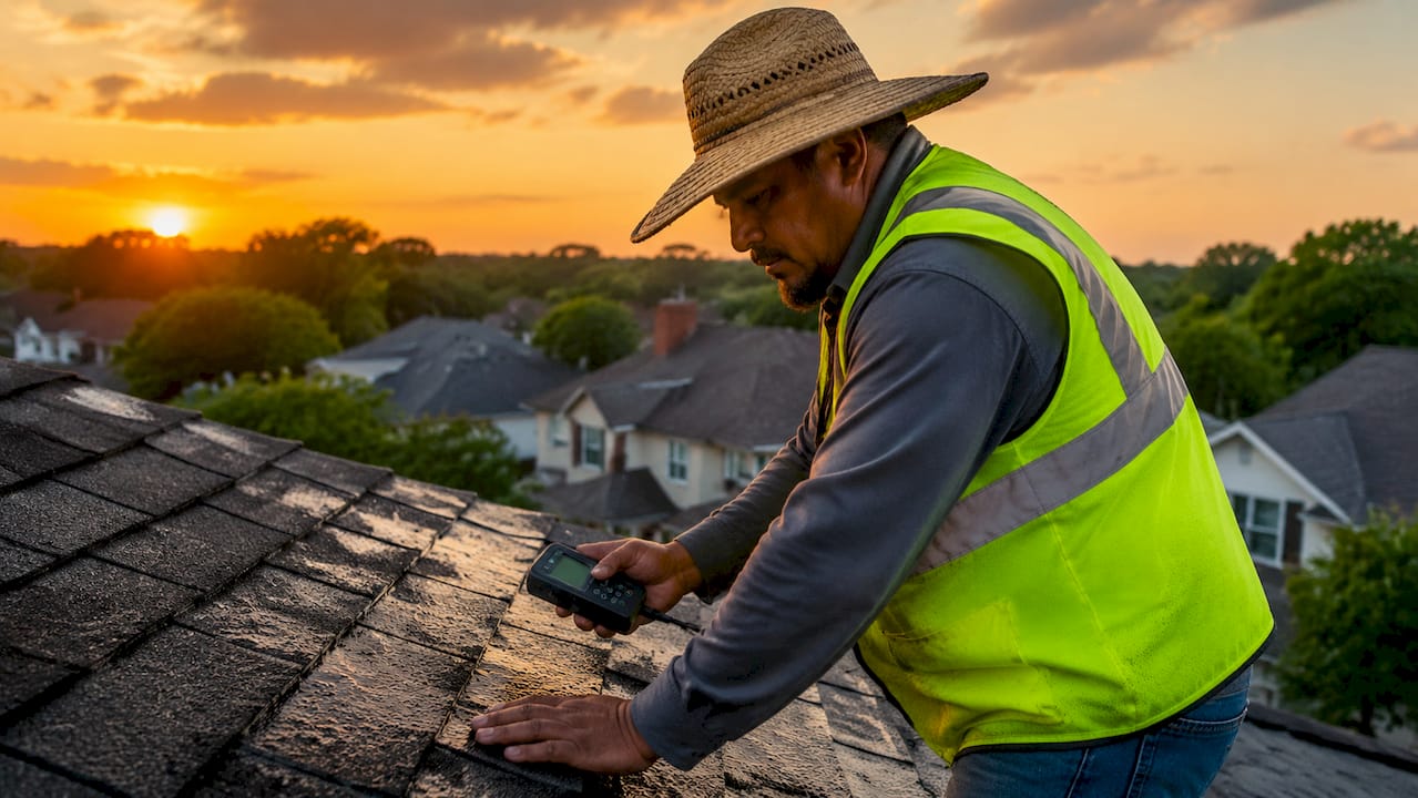 Roofer inspecting wet roof under Texas humidity