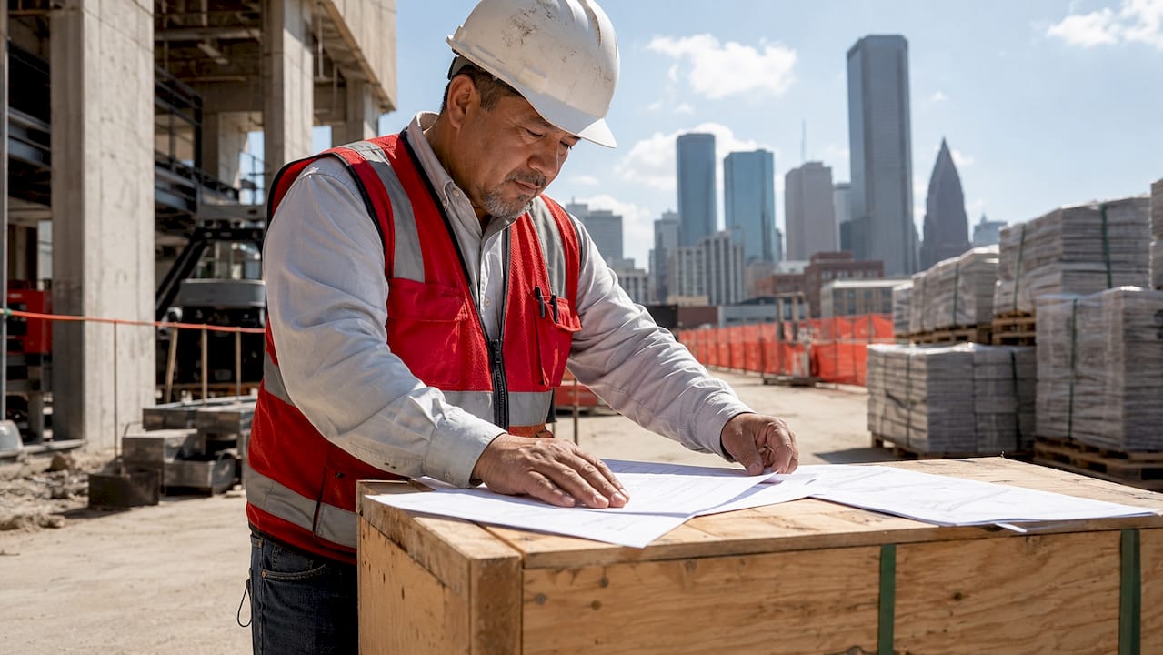 Licensed commercial roofer reviewing paperwork on site