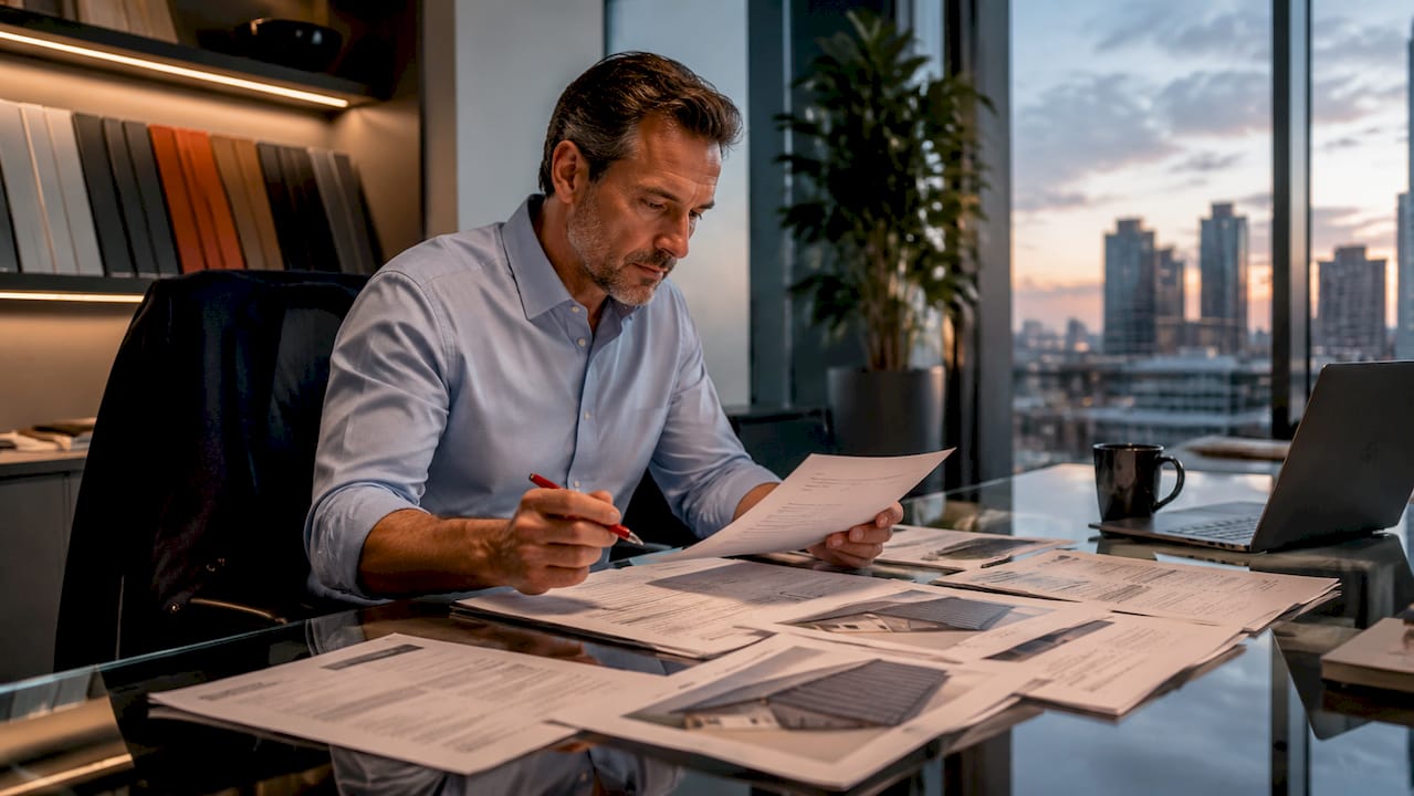 Property owner reviewing printed commercial roofing bids