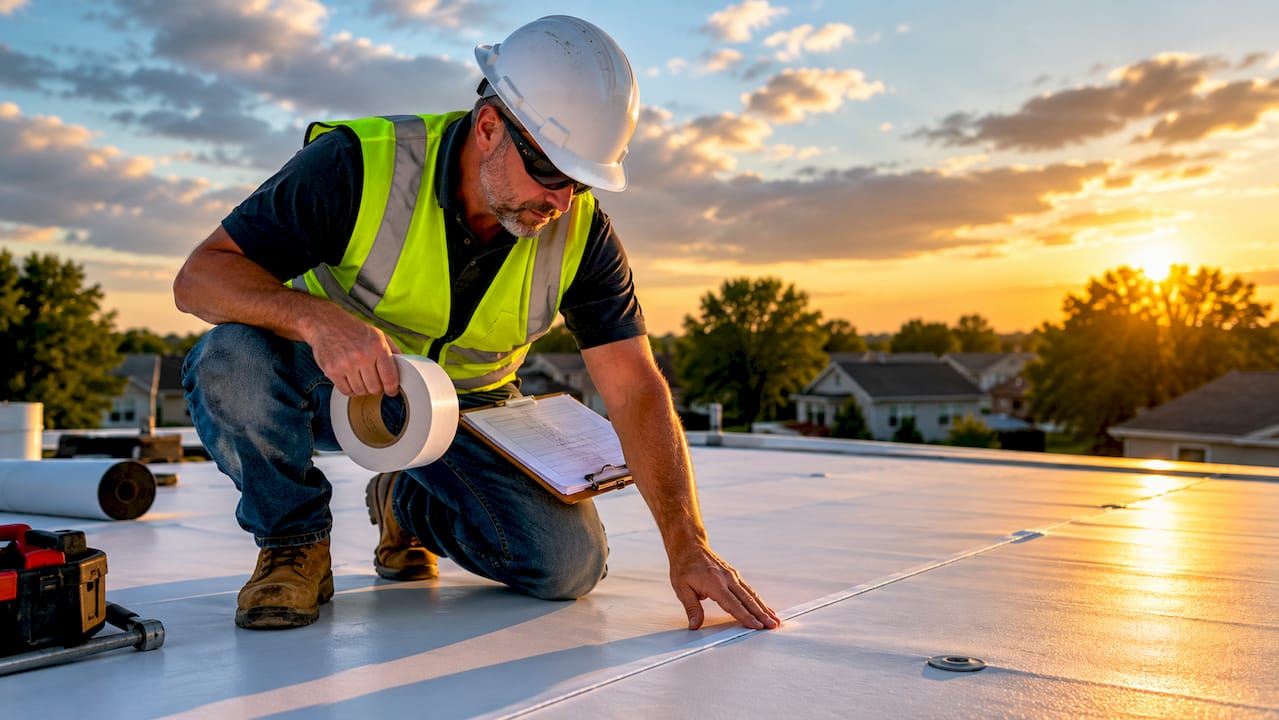 Contractor inspecting flat TPO roof seams