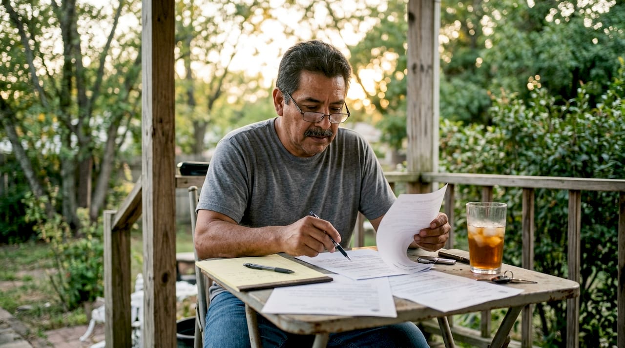 Homeowner reviewing roof permit paperwork at table