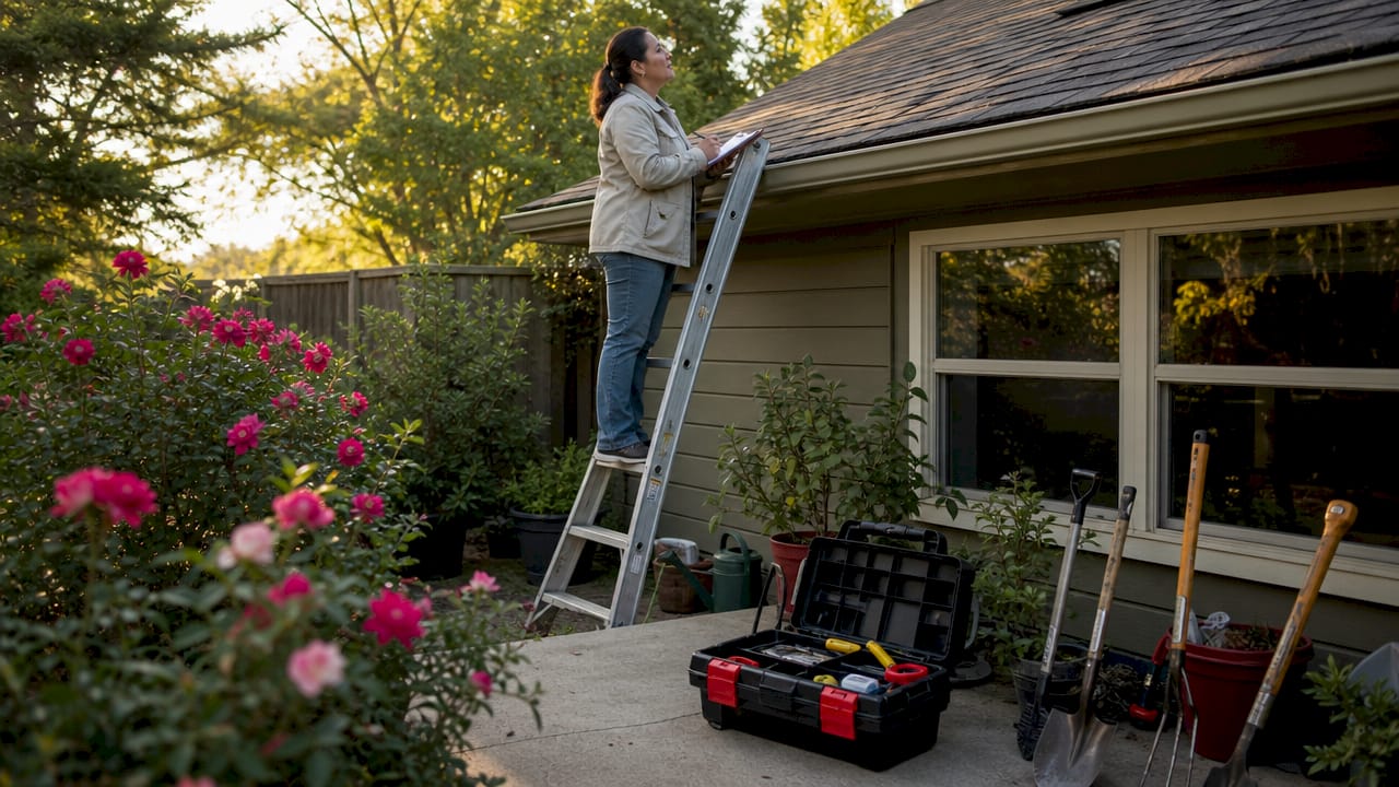 Woman inspecting asphalt shingle roof outdoors