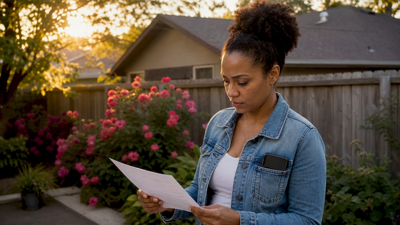 Homeowner reviewing roofing contract outdoors