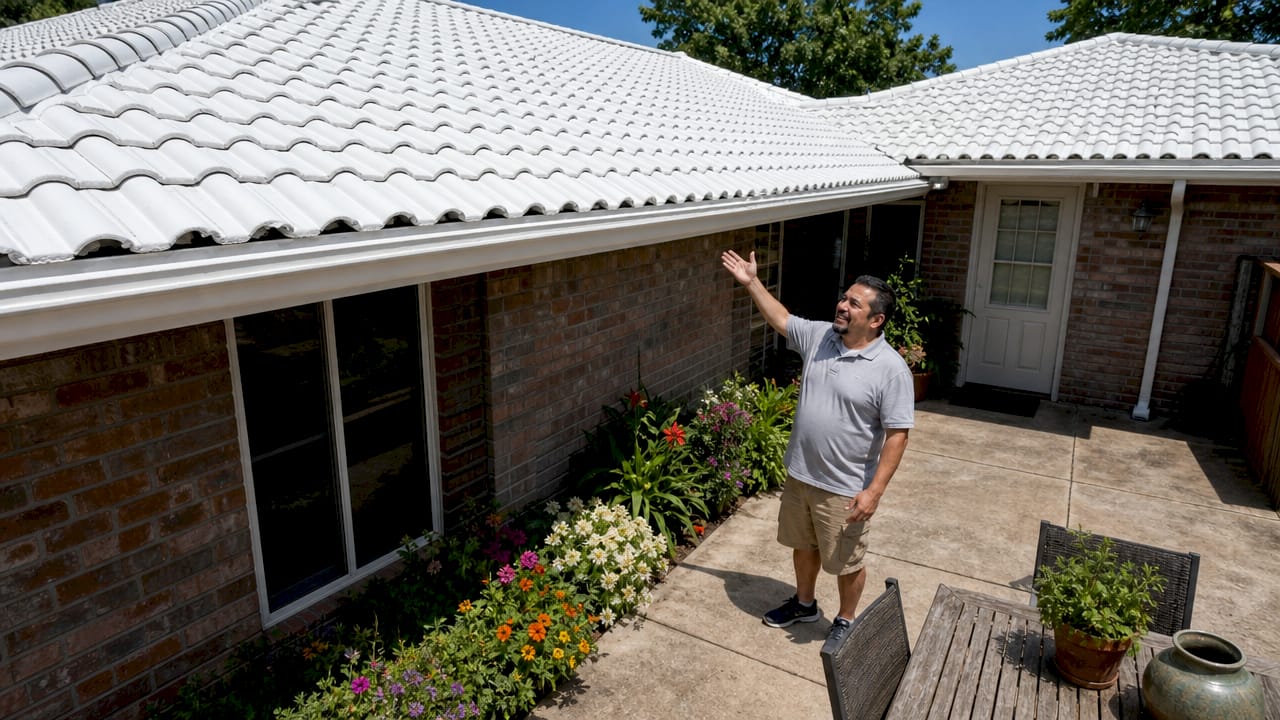 Homeowner pointing at light-colored roof in Texas sunlight