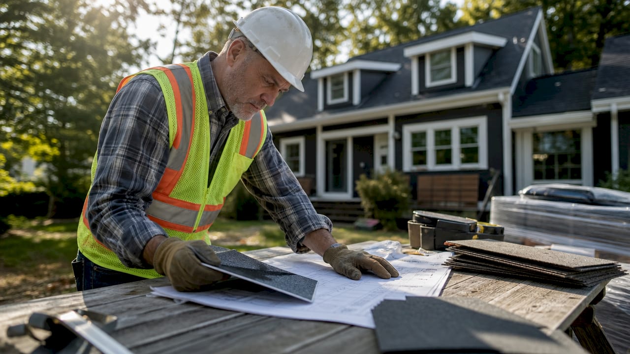Contractor reviewing roof replacement plans outdoors