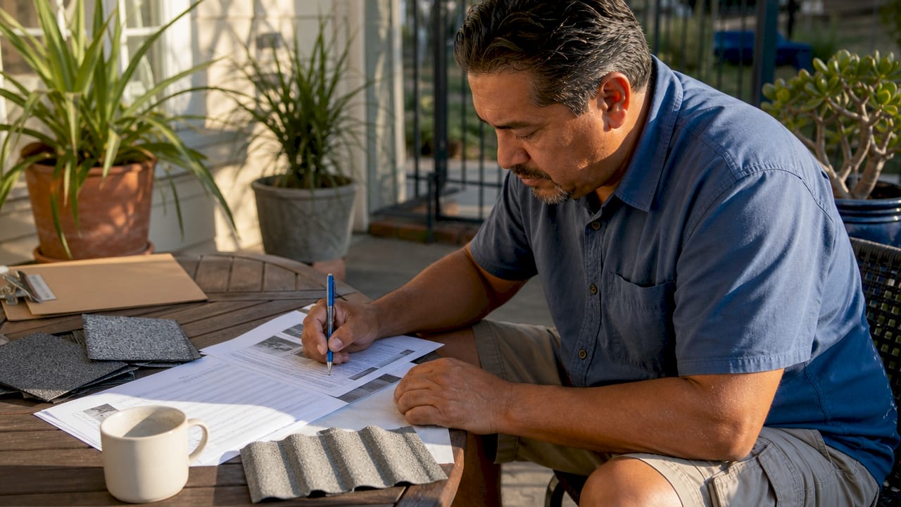 Contractor reviewing roofing substitution documents
