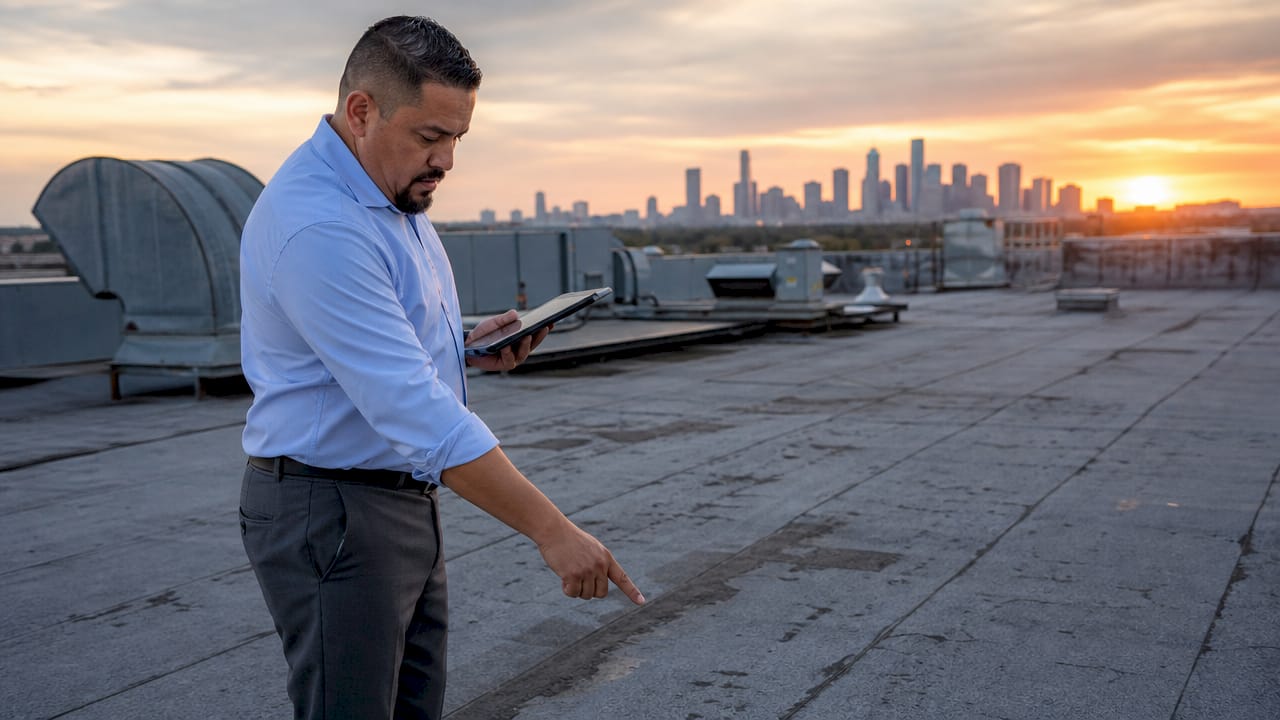 Property manager inspecting commercial roof outdoors