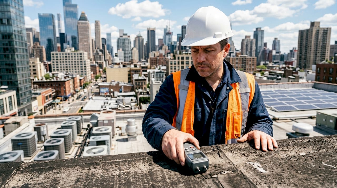 Property manager inspecting commercial roof with moisture meter