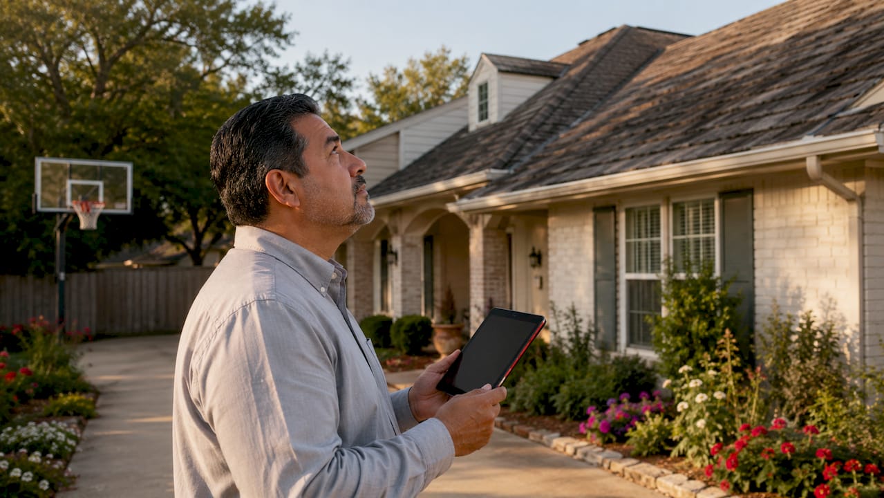 Home appraiser inspecting Texas roof with tablet