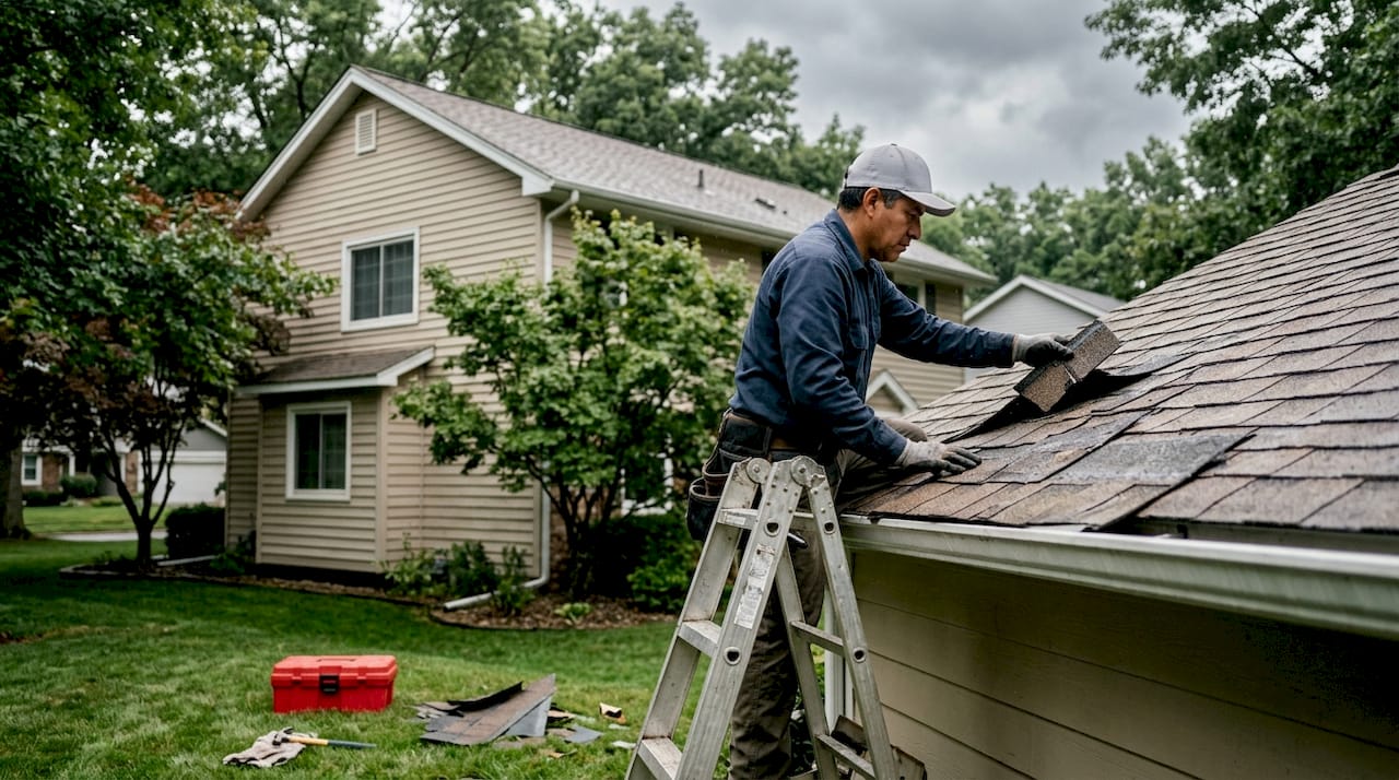 Homeowner inspecting roof shingles damage outdoors