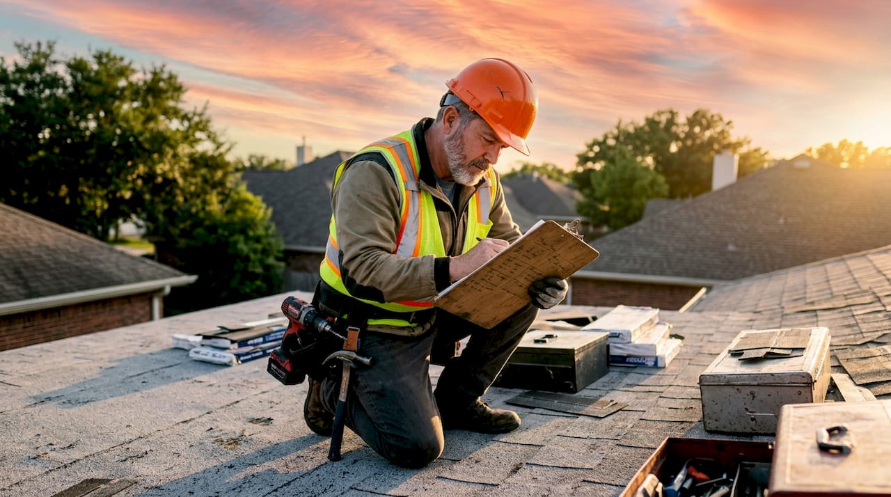 Roofing contractor inspecting residential roof damage