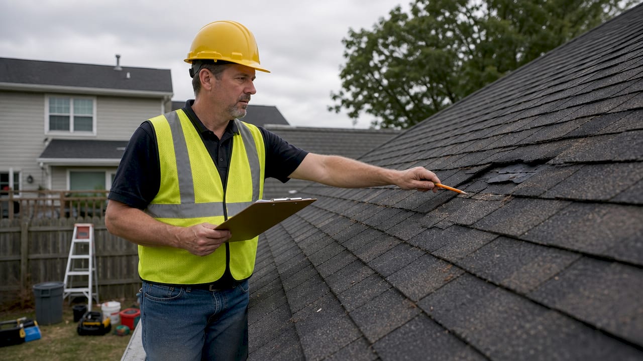 Roofing contractor inspecting shingle roof outdoors