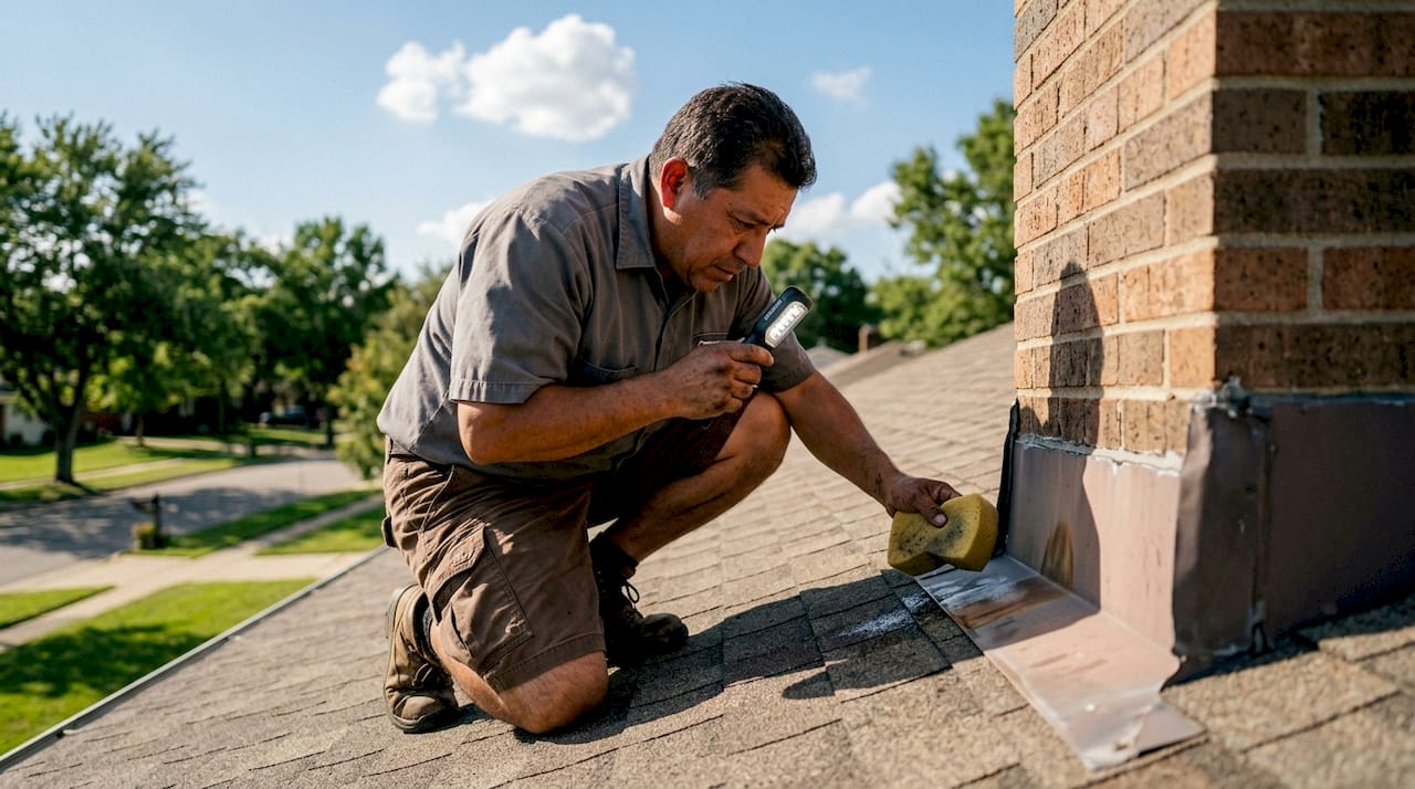 Homeowner inspecting roof leak with tools on roof
