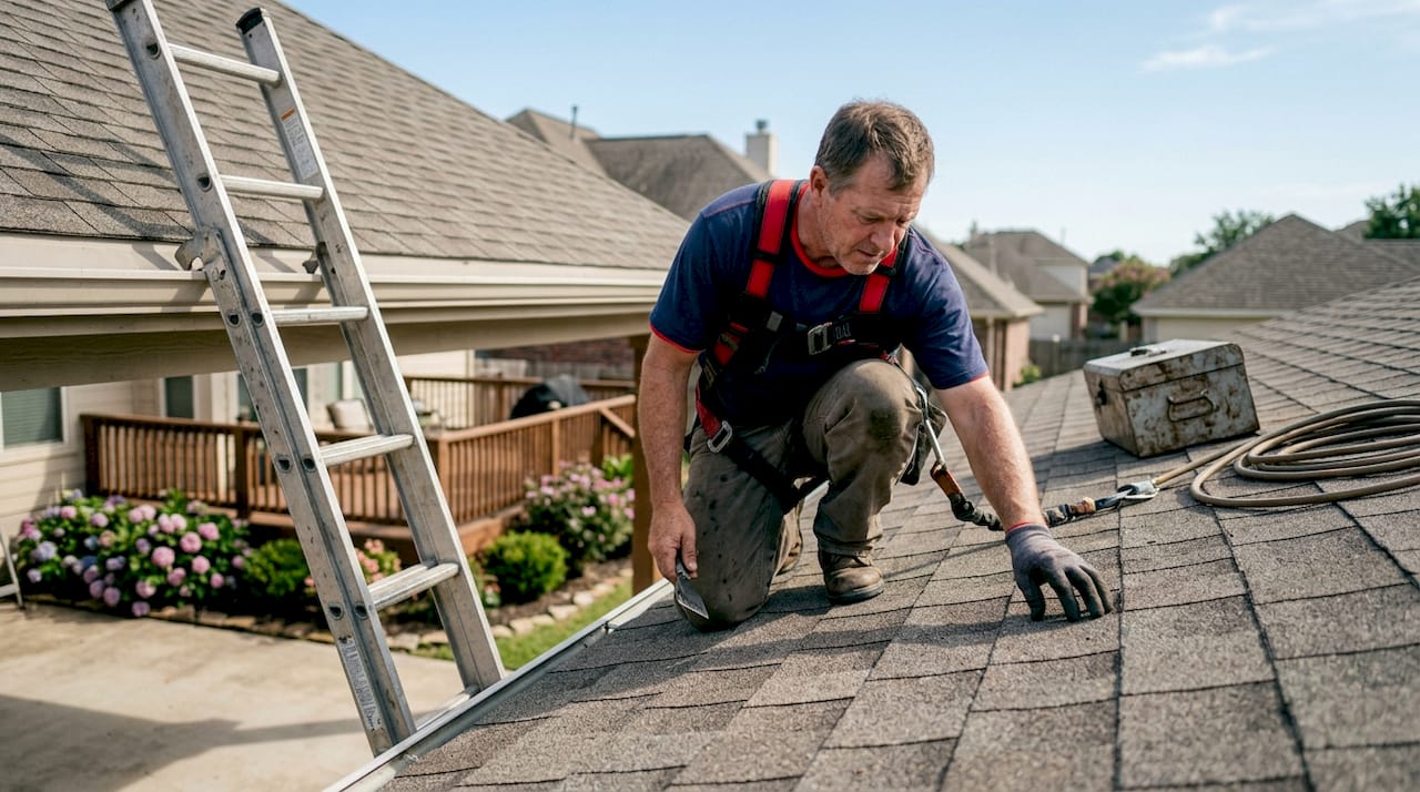 Roofer inspecting residential roof outdoors