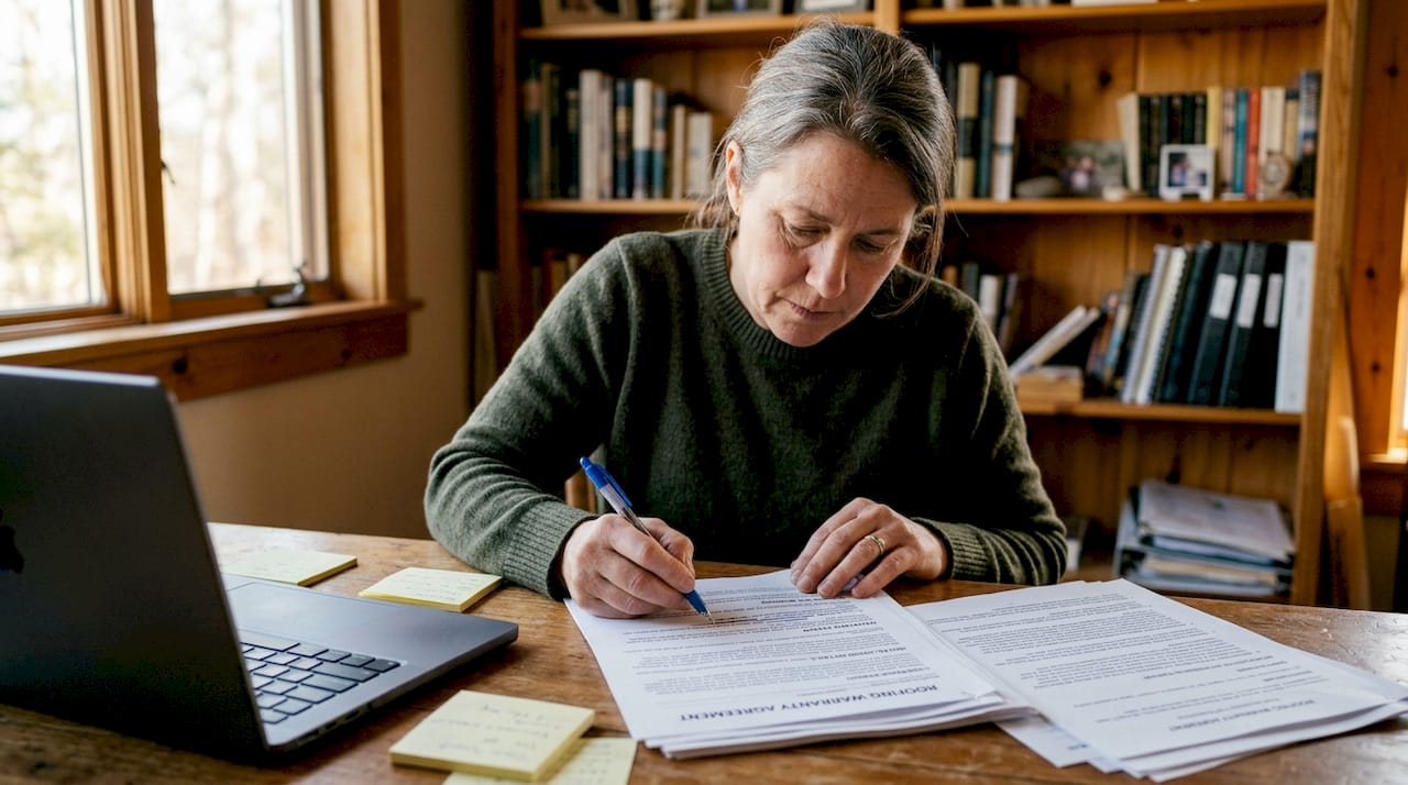 Woman reviewing roof warranty documents in kitchen