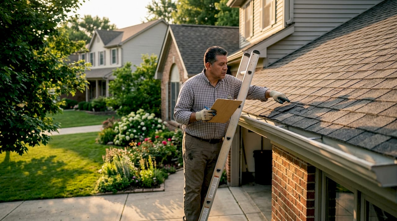 Homeowner inspecting damaged roof shingles outdoors