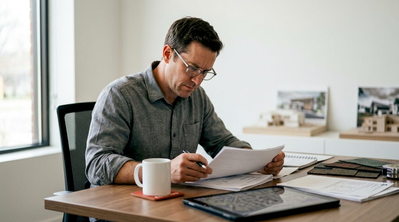 Contractor reviewing roofing scope document