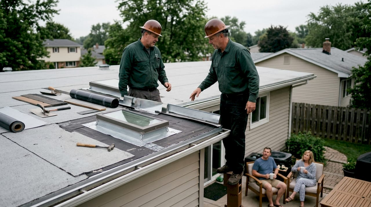 Contractor explaining roofing components on house roof