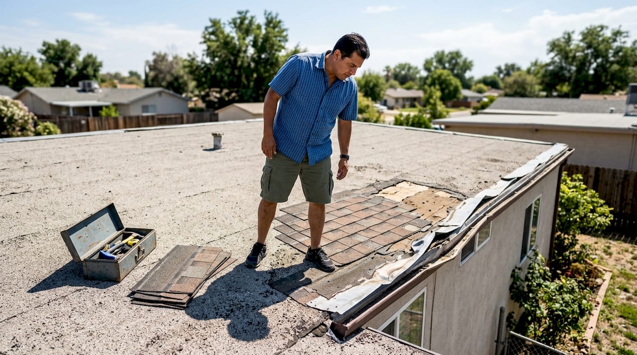 Homeowner inspecting storm roof damage