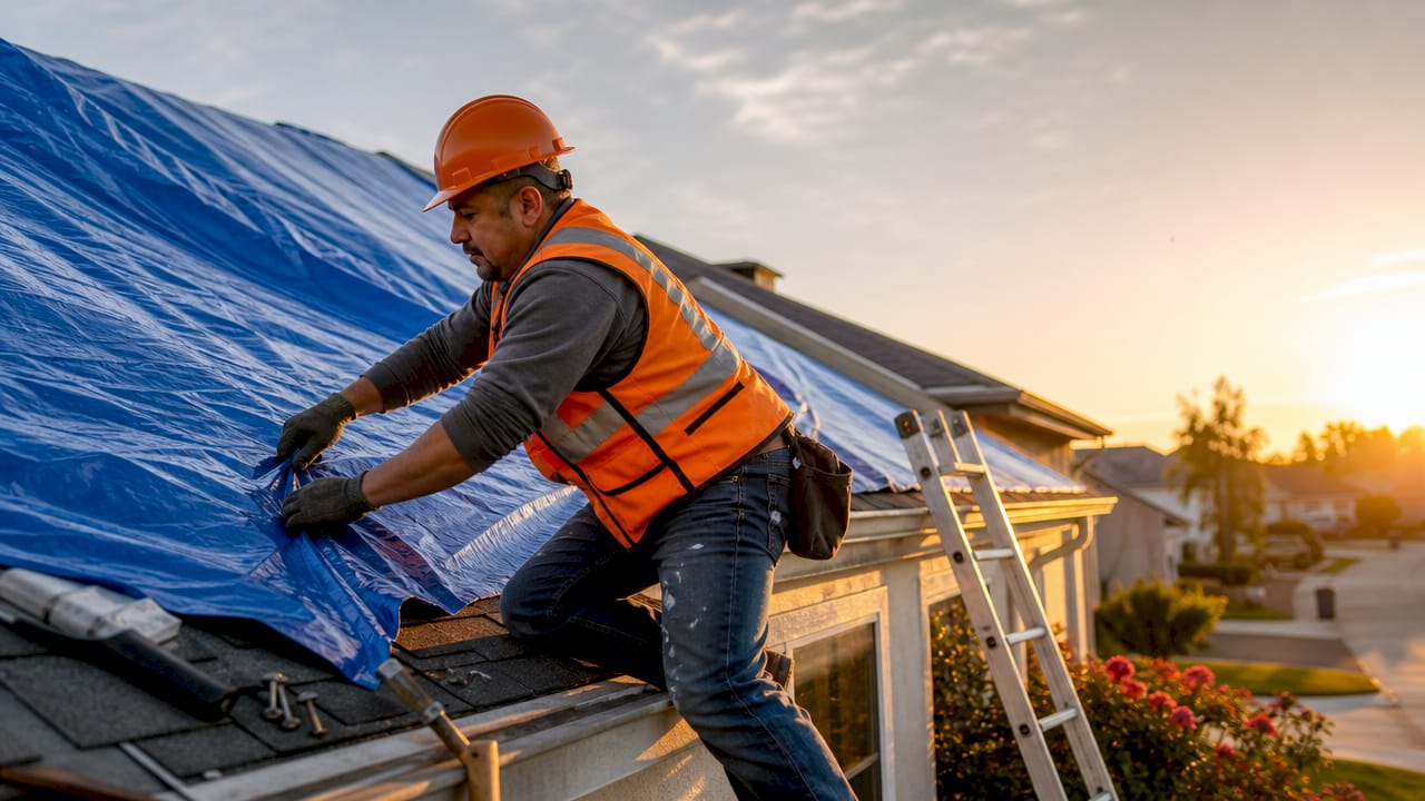 Roofer installing protective tarp on roof