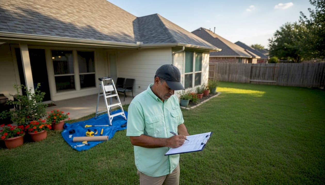 Texas homeowner inspecting roof with checklist outdoors
